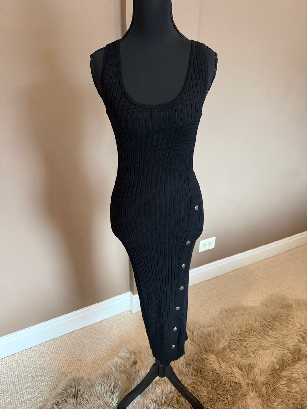 525 America Black Ribbed Sleeveless Midi Dress with Side Button Detail